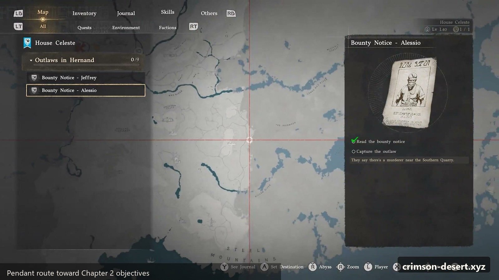 Pendant route toward the Chapter 2 objective map. Screenshot with cms.crimson-desert.xyz watermark.