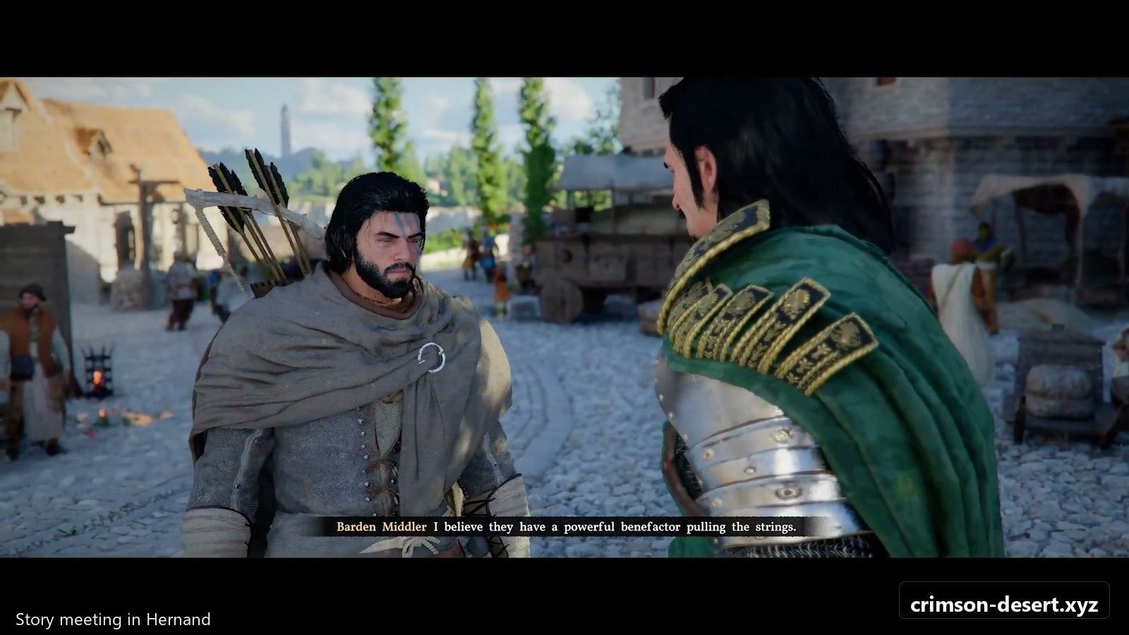 Story meeting in Hernand before the Goldleaf investigation deepens. Screenshot with cms.crimson-desert.xyz watermark.