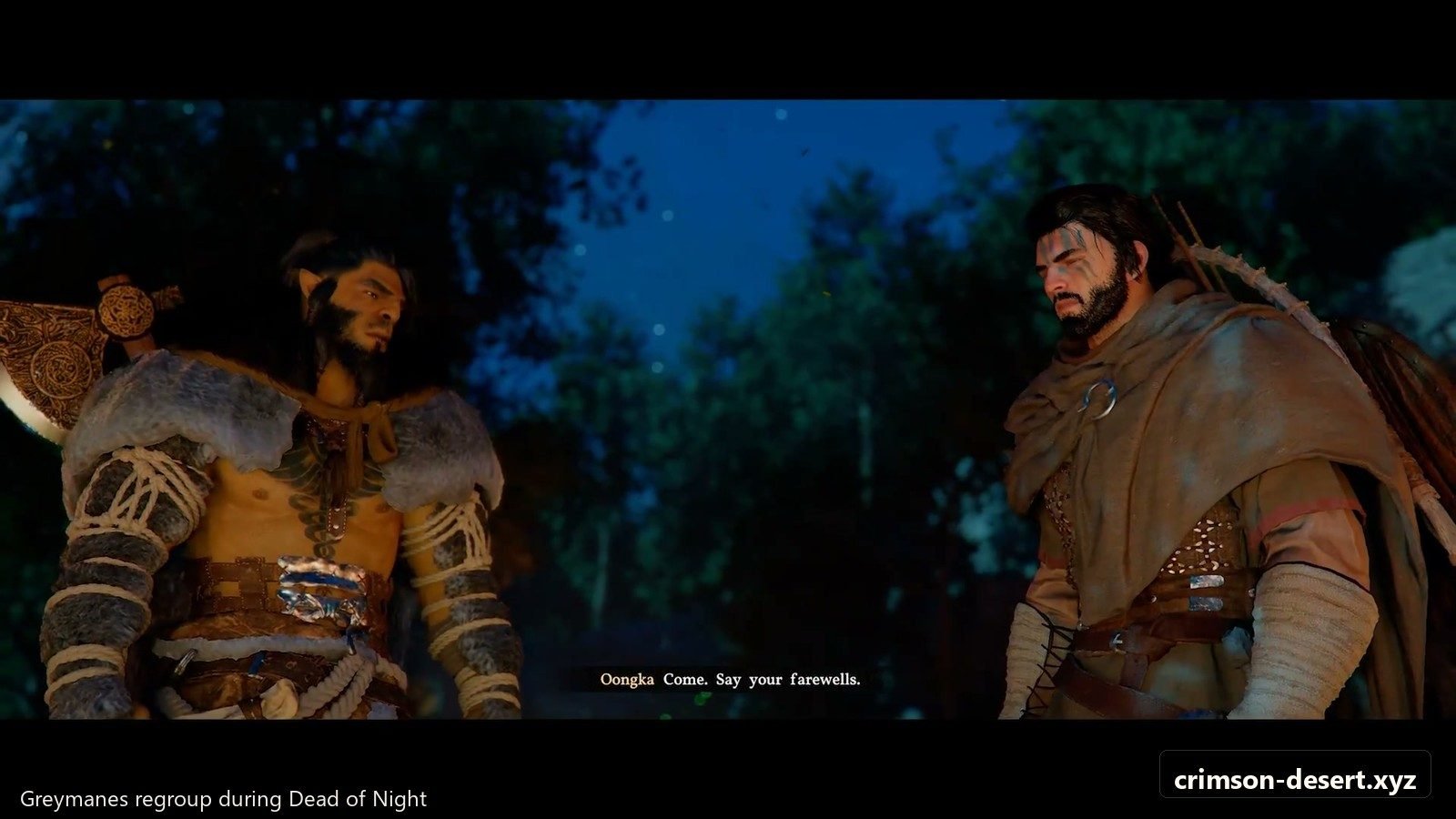 Grey Mane survivors at the cabin before the night encounter escalates. Screenshot with cms.crimson-desert.xyz watermark.
