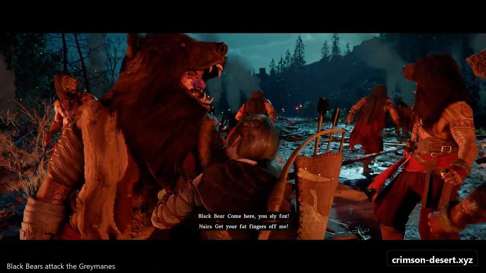 Black Bear attack sequence where the Prologue shifts from dialogue to survival. Screenshot with cms.crimson-desert.xyz watermark.