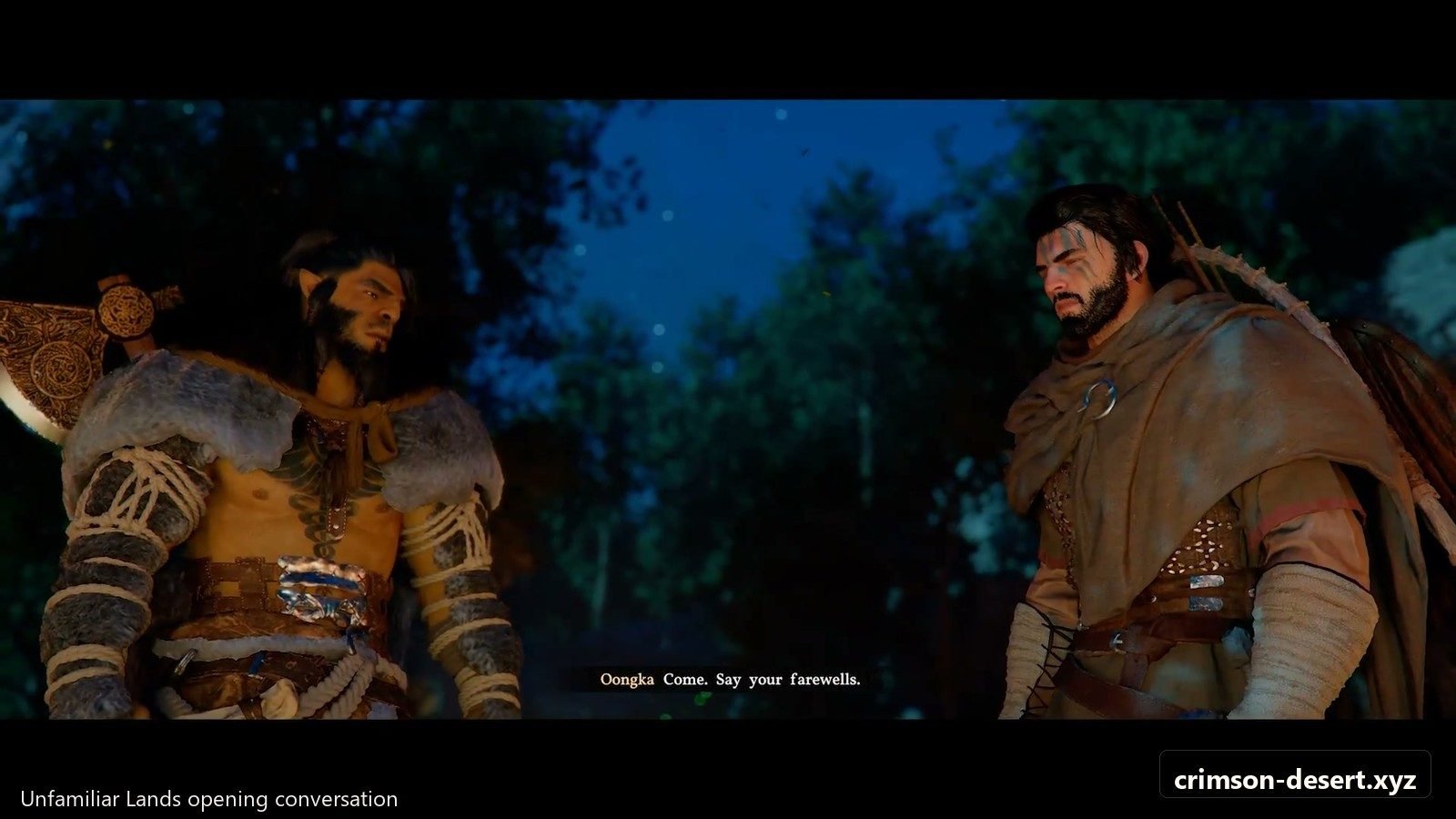 Unfamiliar Lands conversation beat before the attack begins. Screenshot with cms.crimson-desert.xyz watermark.