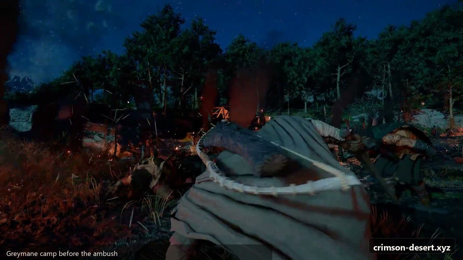 Cabin perimeter just before the Black Bears push into the camp. Screenshot with cms.crimson-desert.xyz watermark.