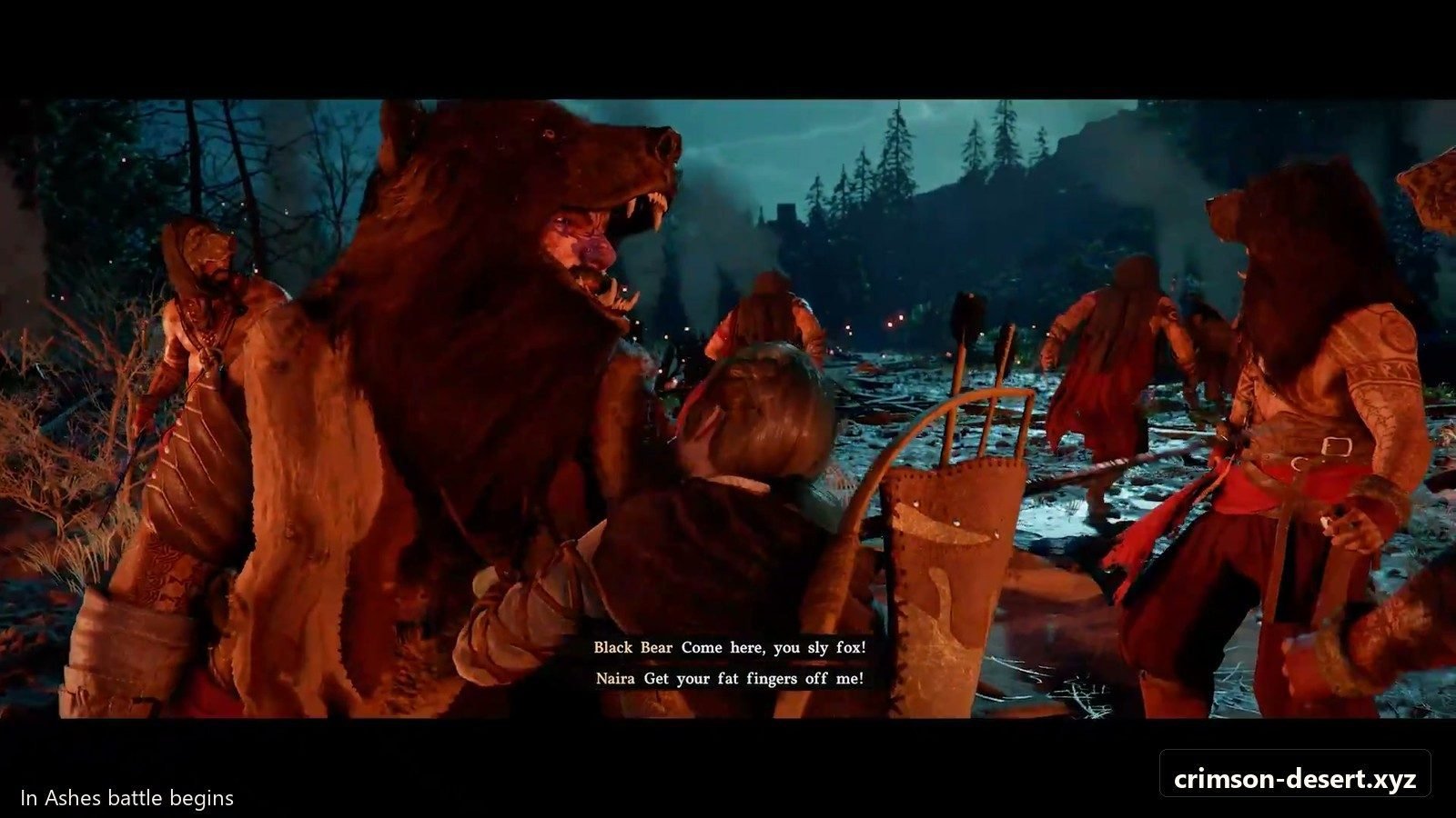 In Ashes combat pressure around the burning cabin objective. Screenshot with cms.crimson-desert.xyz watermark.