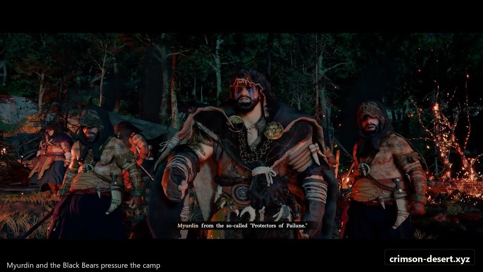 Myurdin confrontation beat after the ambush route narrows. Screenshot with cms.crimson-desert.xyz watermark.