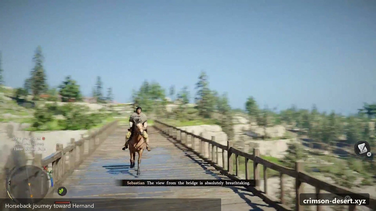 Horseback journey toward Chapter 1 after the Prologue closes. Screenshot with cms.crimson-desert.xyz watermark.