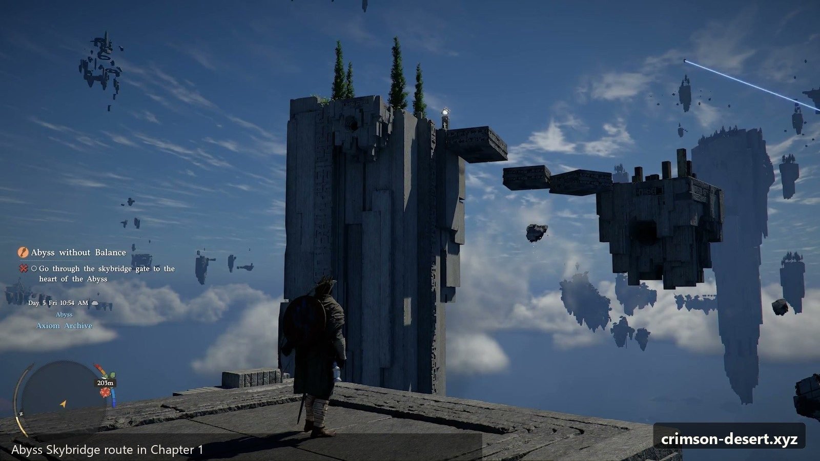 Abyss Skybridge section that leads into the late Chapter 1 puzzle sequence. Screenshot with cms.crimson-desert.xyz watermark.