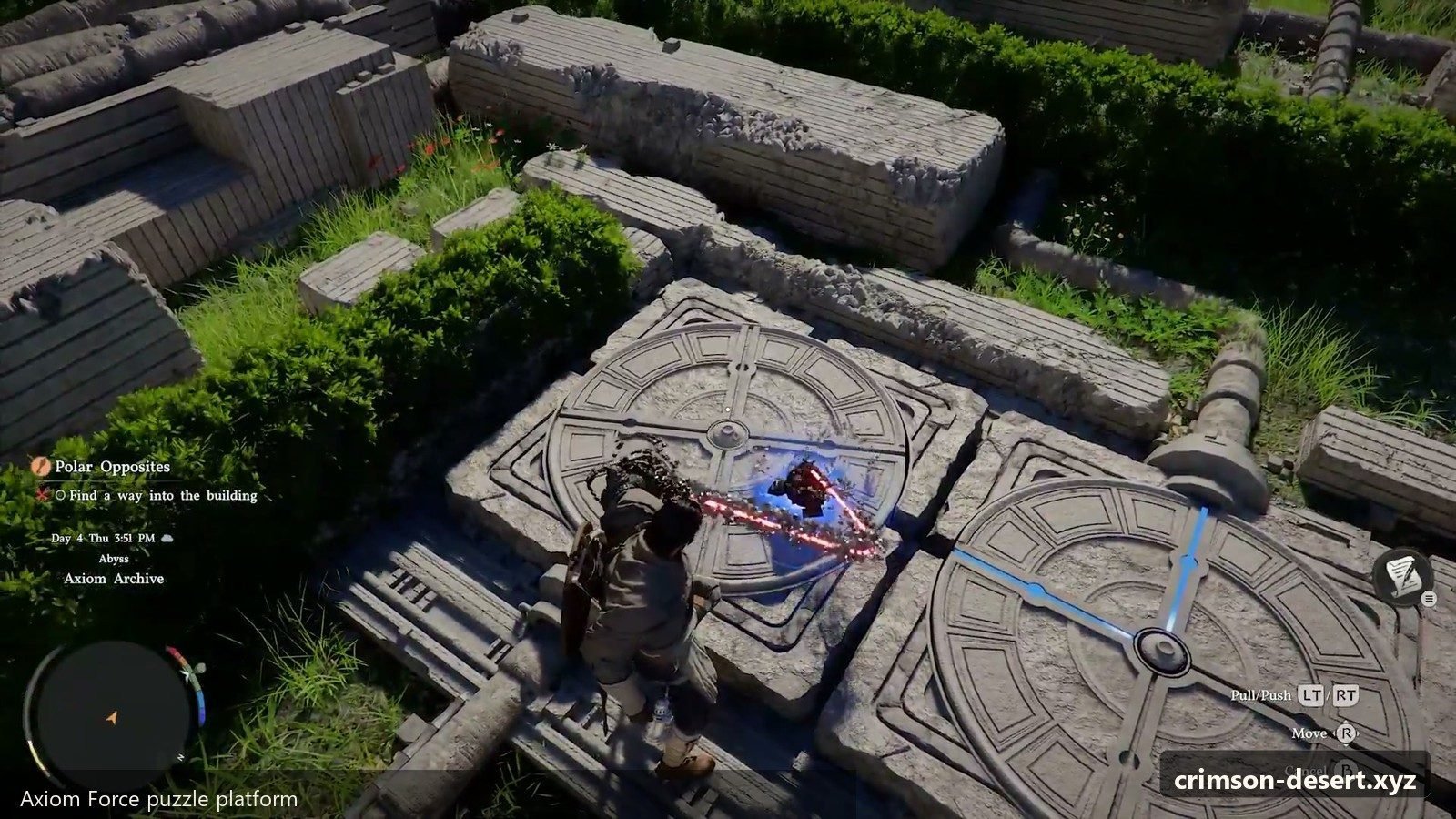 Axiom puzzle arena with colored markers and balance points visible. Screenshot with cms.crimson-desert.xyz watermark.