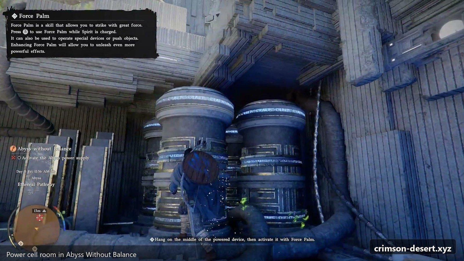 Power cell room where Force Palm logic comes together. Screenshot with cms.crimson-desert.xyz watermark.