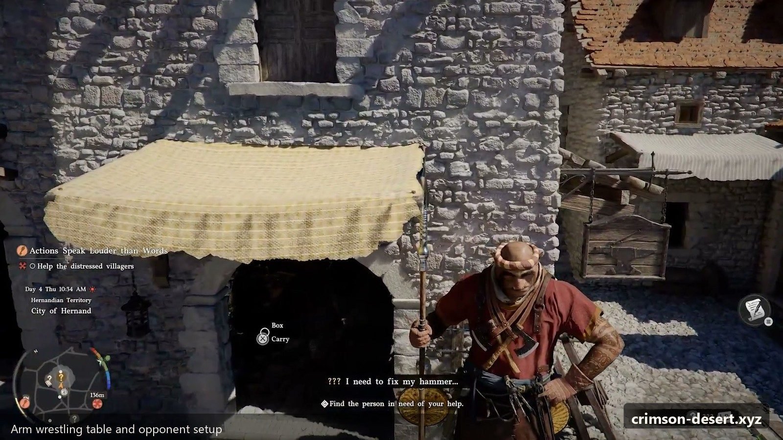 Arm wrestling table location for the Chapter 1 tavern challenge. Screenshot with cms.crimson-desert.xyz watermark.
