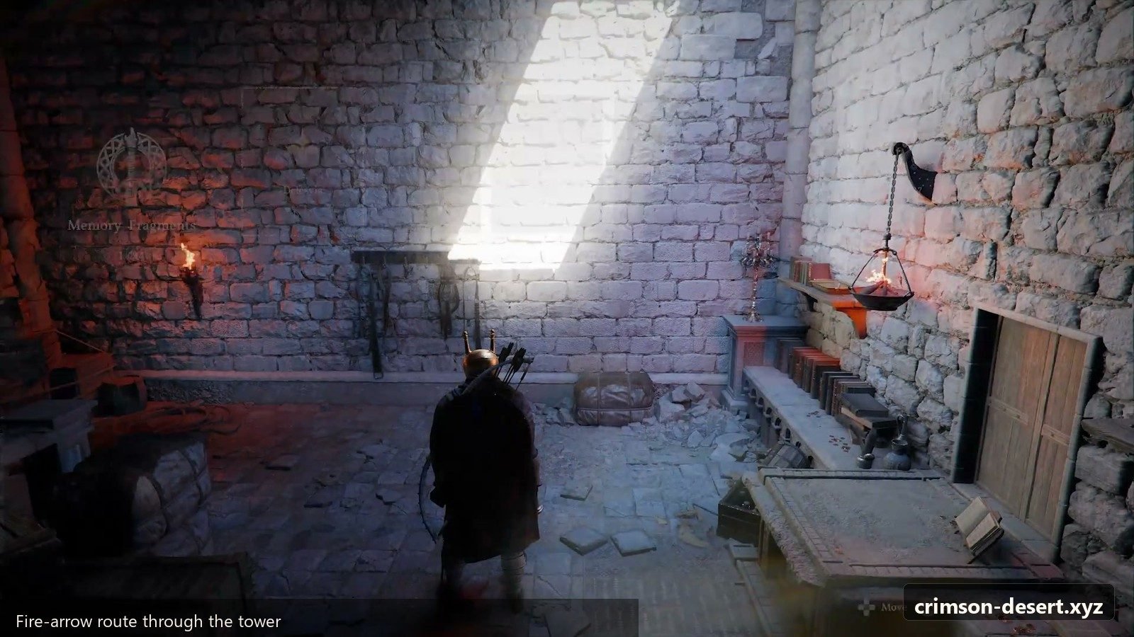 Fire-arrow route through the blocked tower room. Screenshot with cms.crimson-desert.xyz watermark.