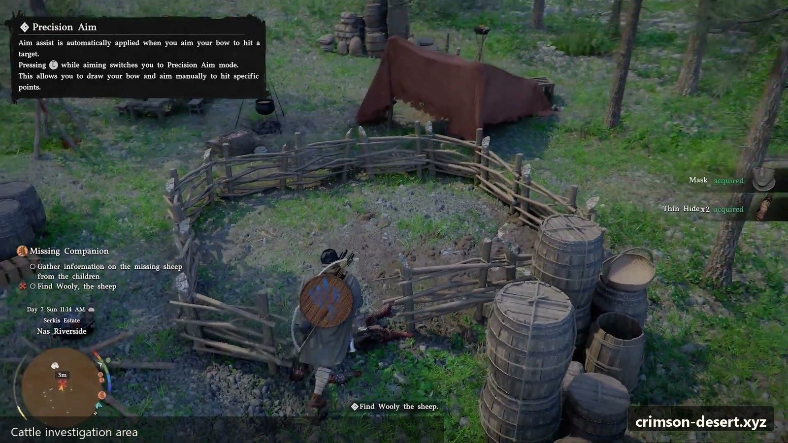 Cattle investigation area for Trial After Trial. Screenshot with cms.crimson-desert.xyz watermark.
