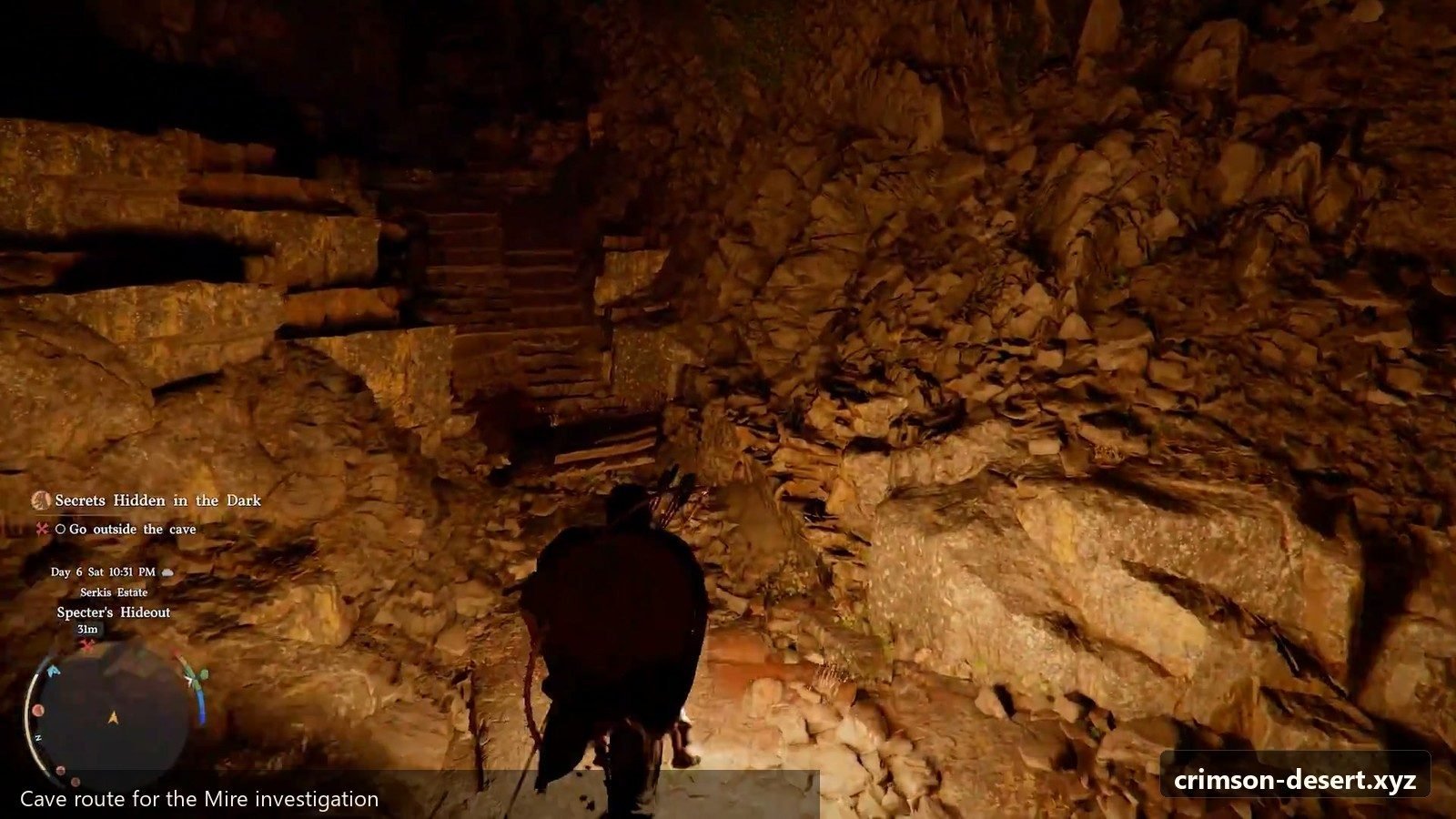 Cave route used during The Man Trapped in the Mire. Screenshot with cms.crimson-desert.xyz watermark.