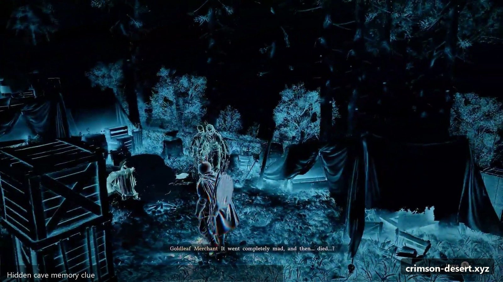 Hidden cave memory clue tied to stolen goods. Screenshot with cms.crimson-desert.xyz watermark.