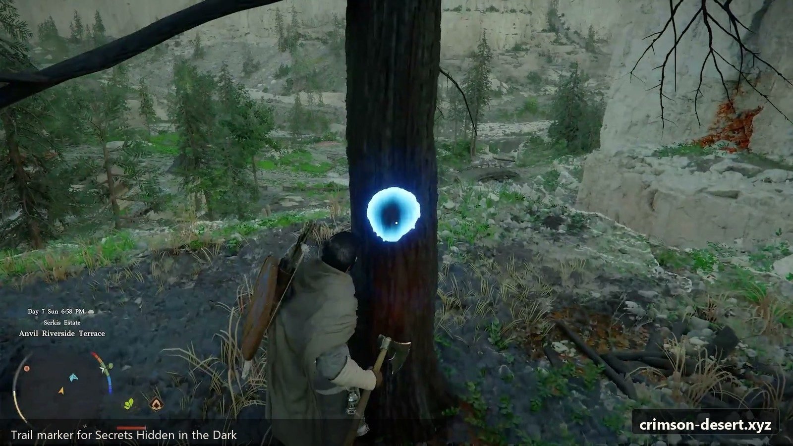 Trail marker for Secrets Hidden in the Dark. Screenshot with cms.crimson-desert.xyz watermark.