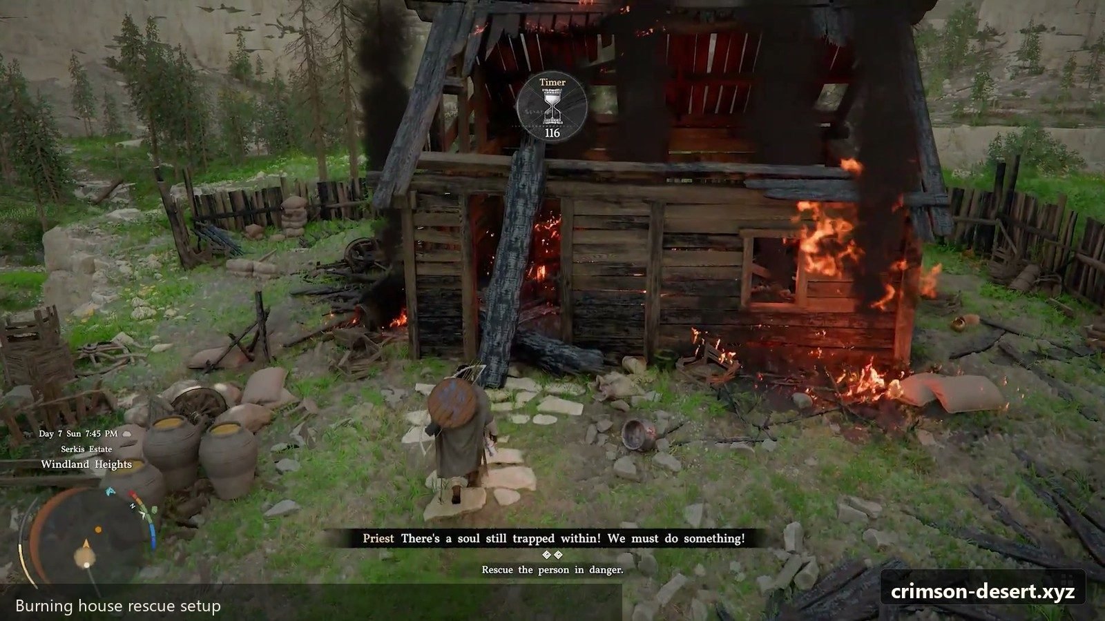 Burning house rescue setup in The End of Greed. Screenshot with cms.crimson-desert.xyz watermark.