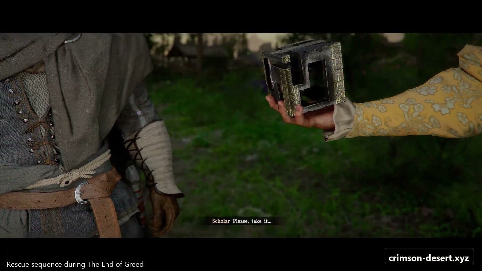 House rescue sequence after clearing the blocked entrance. Screenshot with cms.crimson-desert.xyz watermark.