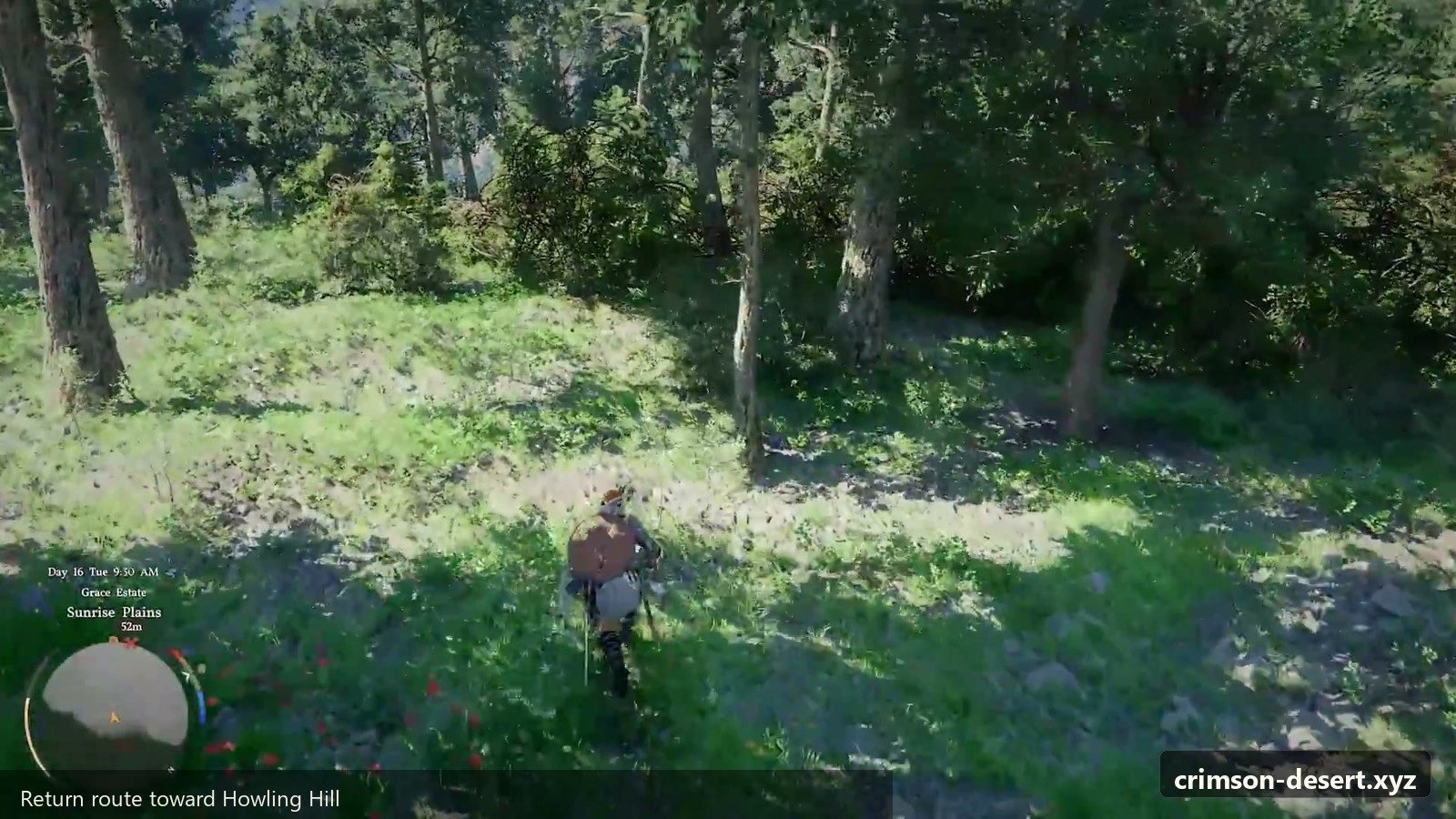 Return route toward Howling Hill at the start of Chapter 3. Screenshot with cms.crimson-desert.xyz watermark.