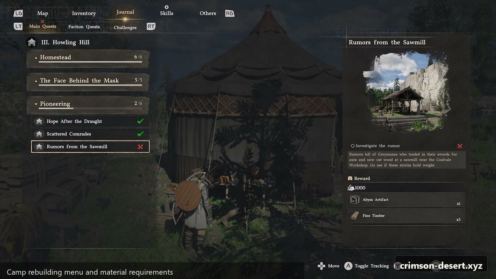 Camp rebuilding menu showing material requirements. Screenshot with cms.crimson-desert.xyz watermark.