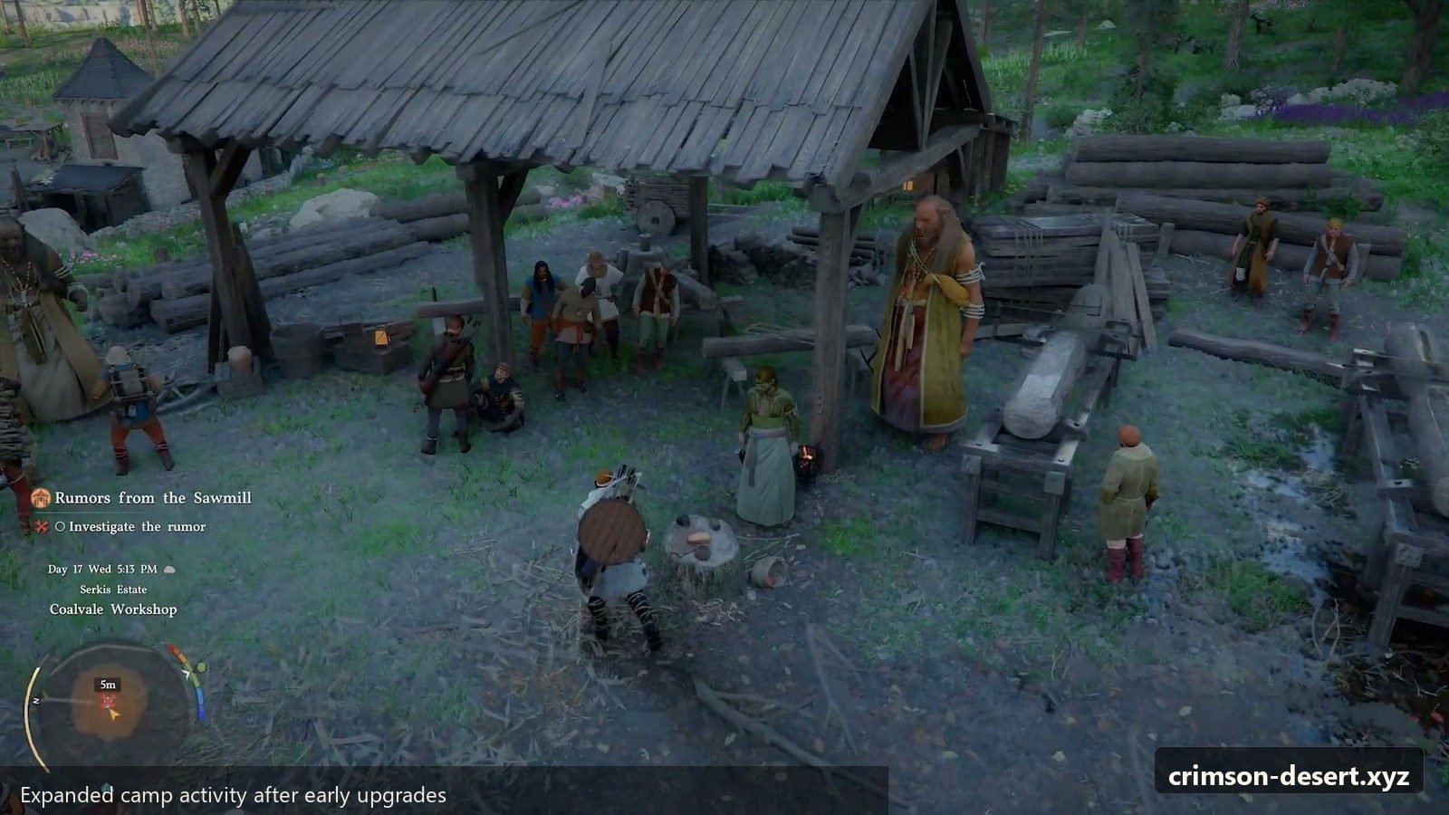 Expanded camp activity after early Homestead upgrades. Screenshot with cms.crimson-desert.xyz watermark.