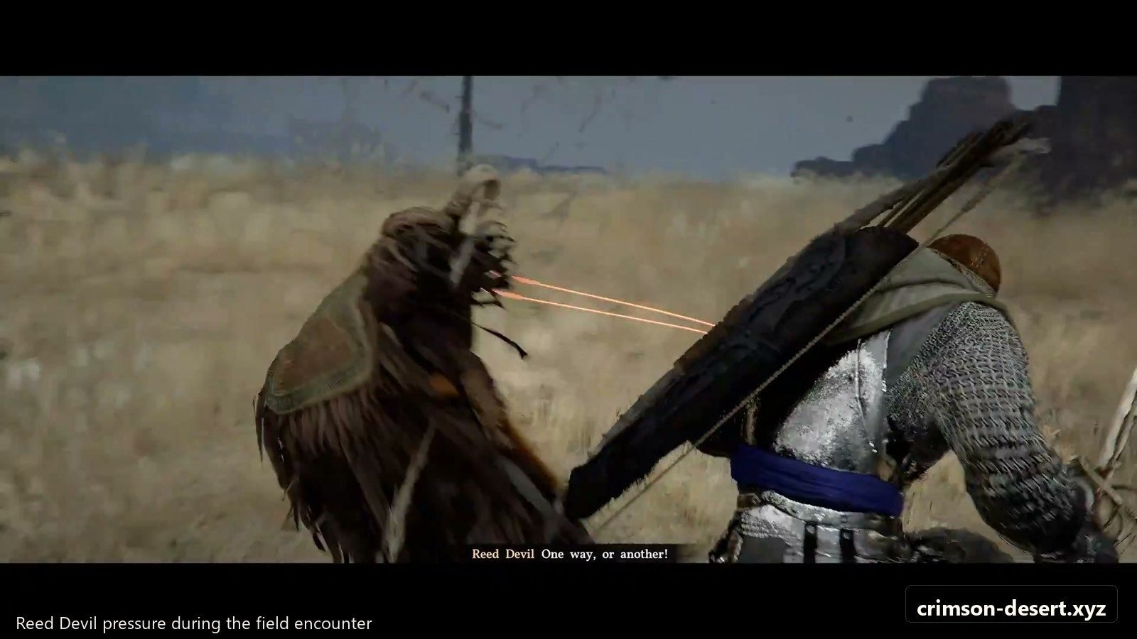 Reed Devil pressure before the fight settles into a clean rhythm. Screenshot with cms.crimson-desert.xyz watermark.