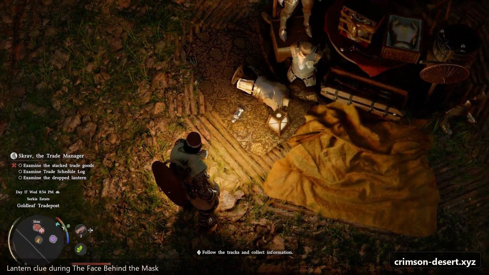 Lantern clue during a later investigation route. Screenshot with cms.crimson-desert.xyz watermark.