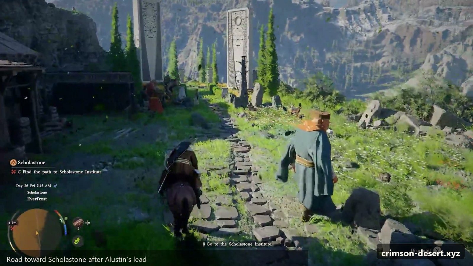 Road toward Scholastone after following Alustin's lead. Screenshot with cms.crimson-desert.xyz watermark.