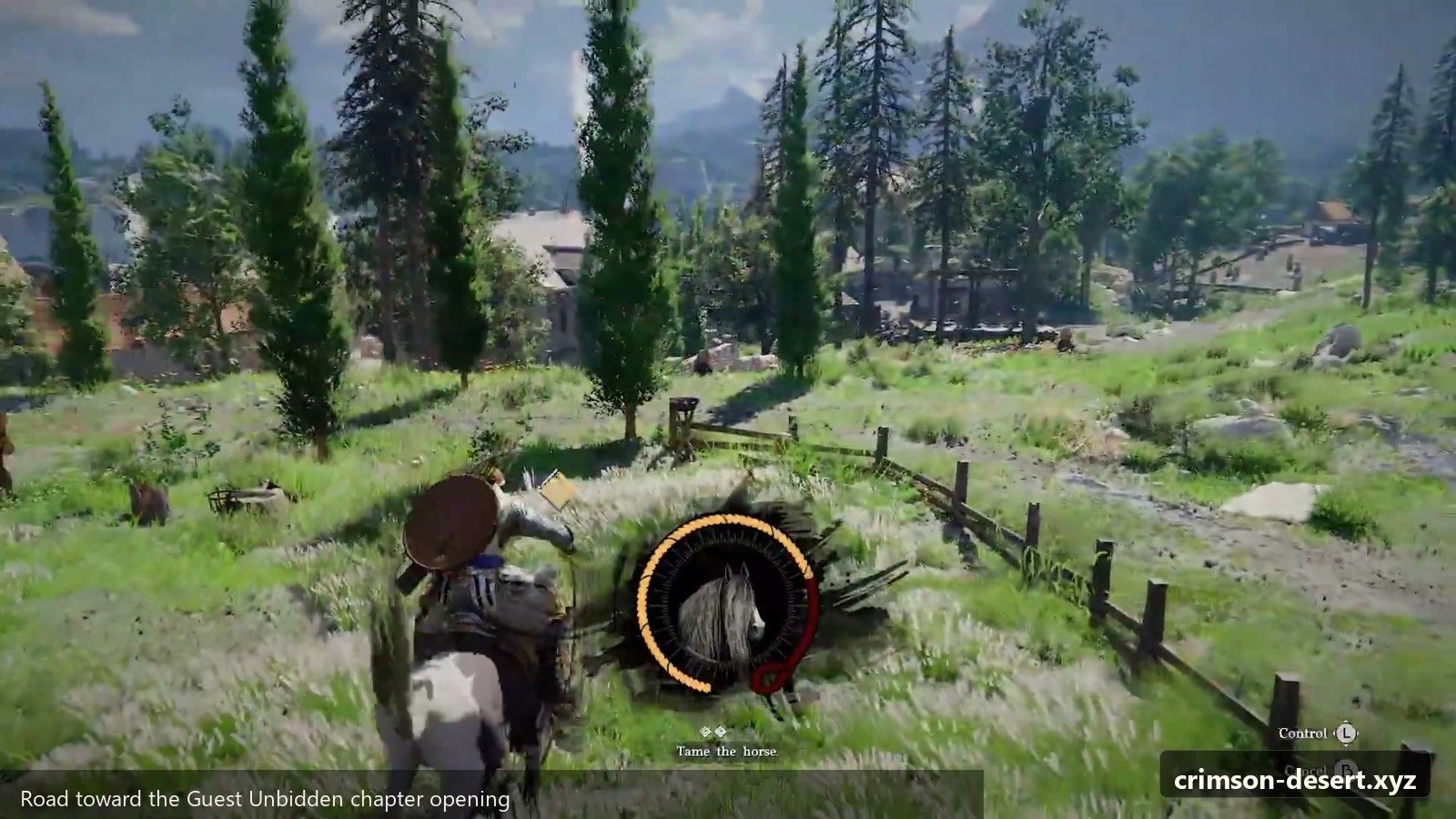 Road toward the Guest Unbidden chapter opening. Screenshot with cms.crimson-desert.xyz watermark.