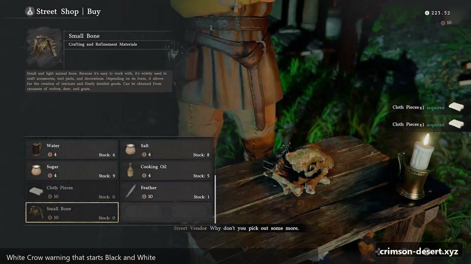 White Crow warning that starts Black and White. Screenshot with cms.crimson-desert.xyz watermark.