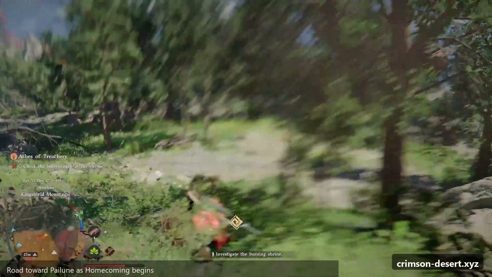 Road toward Pailune as Homecoming begins. Screenshot with cms.crimson-desert.xyz watermark.