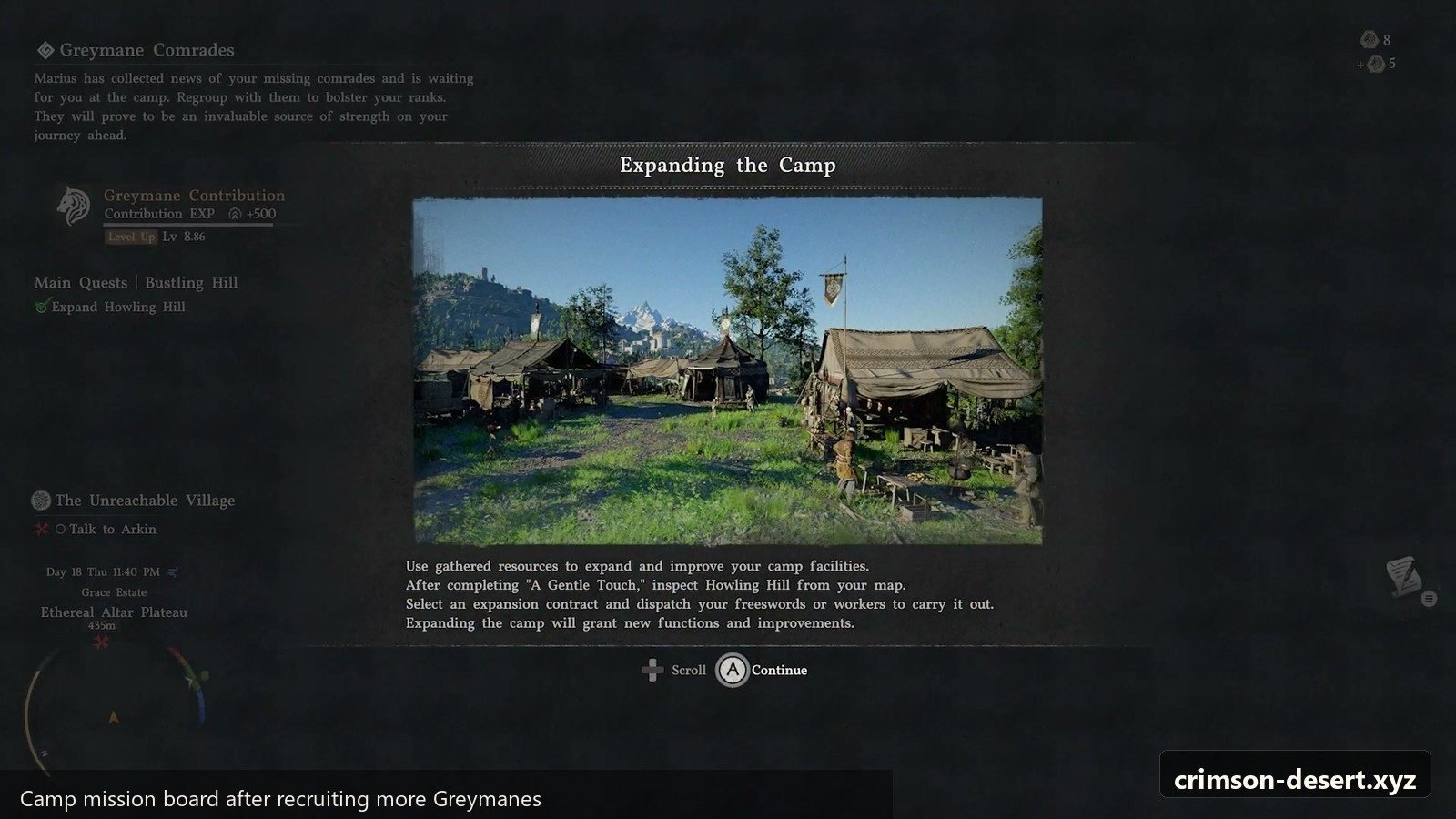 Camp mission board after recruiting more Greymanes. Screenshot with cms.crimson-desert.xyz watermark.