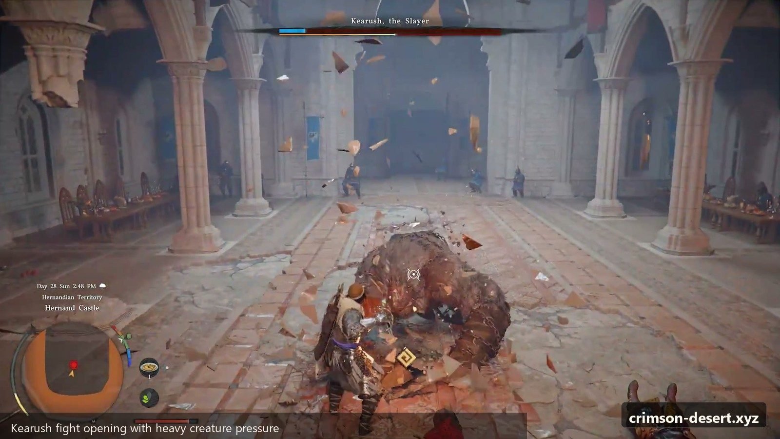 Kearush fight opening with heavy creature pressure. Screenshot with cms.crimson-desert.xyz watermark.