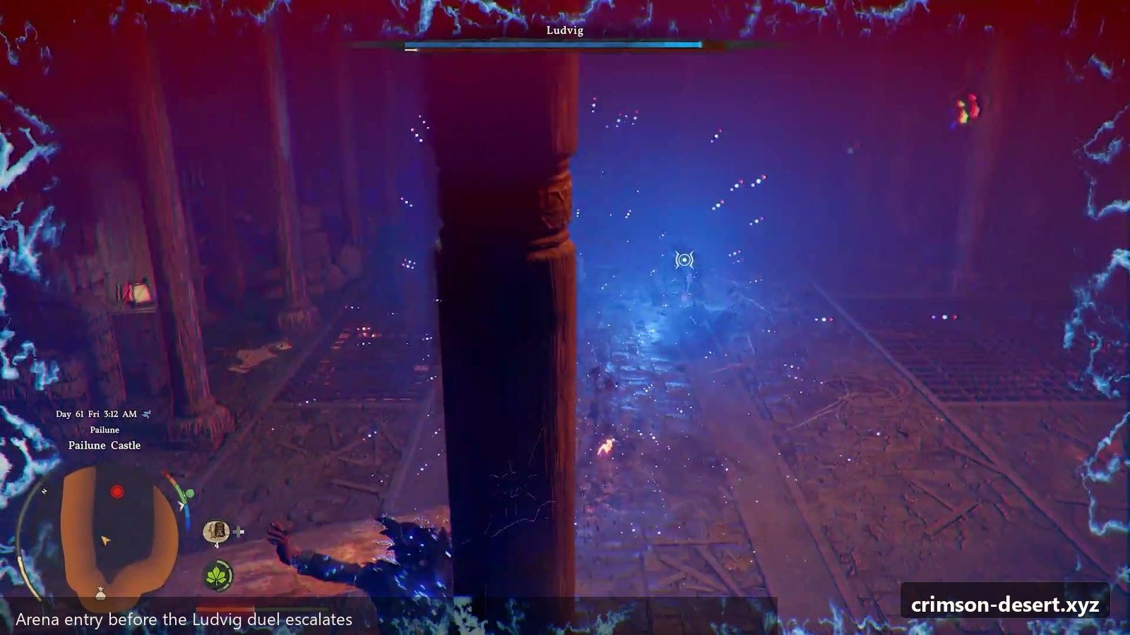 Arena entry before the Ludvig duel escalates. Screenshot with cms.crimson-desert.xyz watermark.