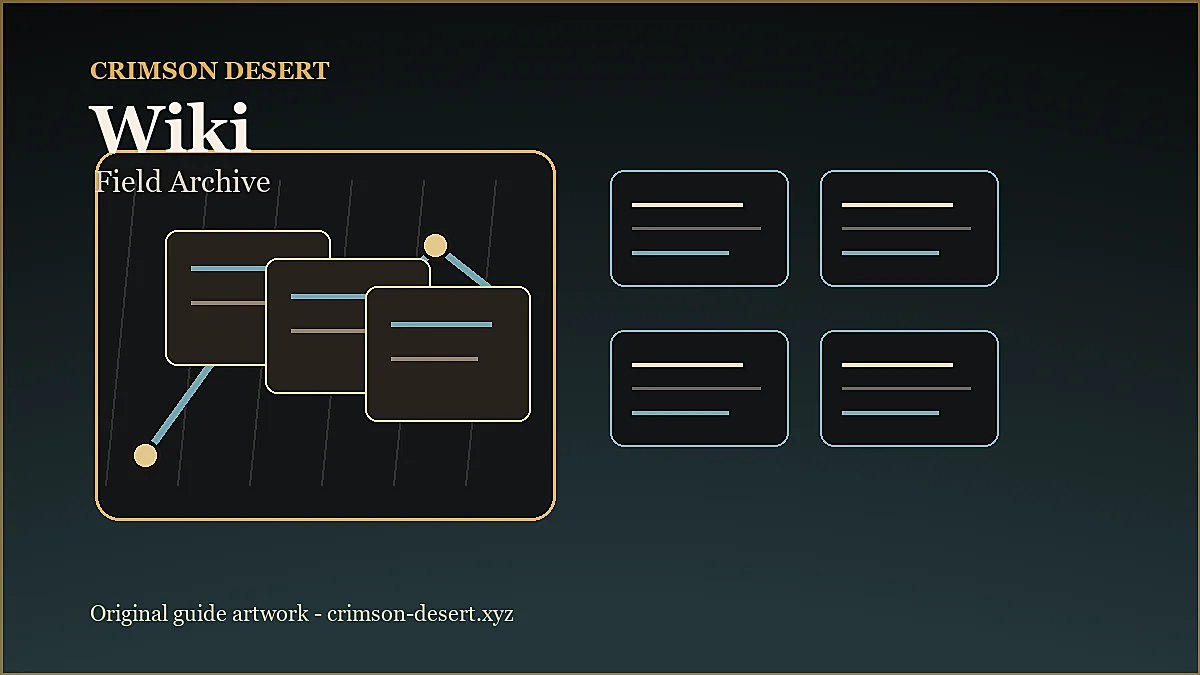 Original Crimson Desert wiki artwork showing an organized Pywel field archive and reference cards.
