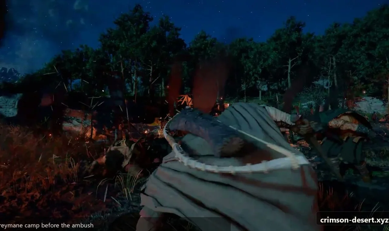 Crimson Desert in-game screenshot illustrating Cabin Before Attack (Step 2)