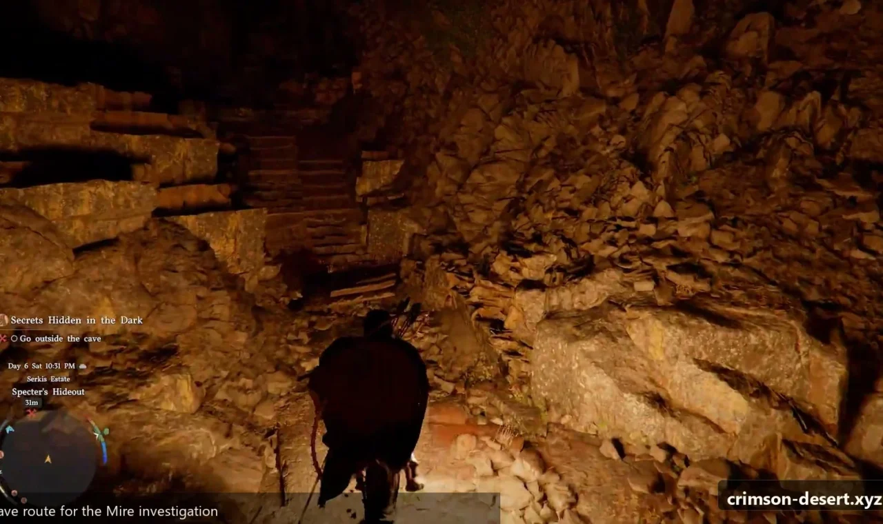 Crimson Desert in-game screenshot illustrating Cave Route (Step 2)