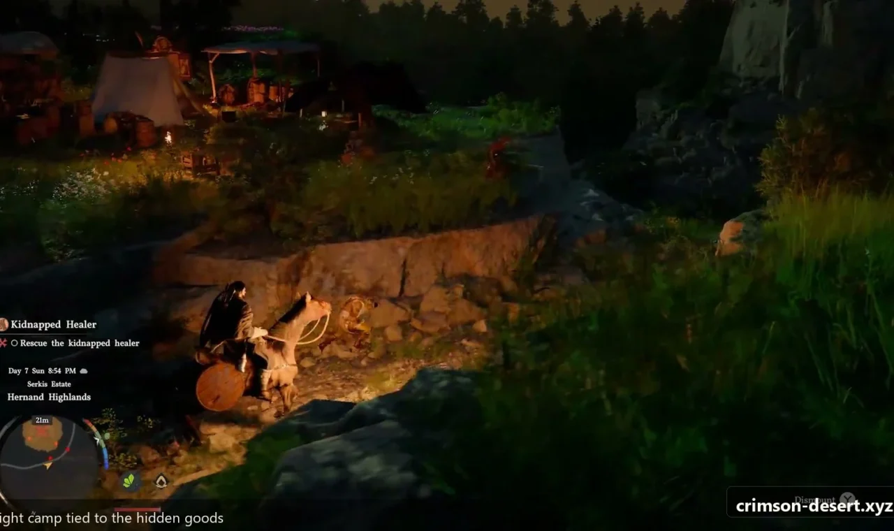 Crimson Desert in-game screenshot illustrating Night Camp (Step 3)