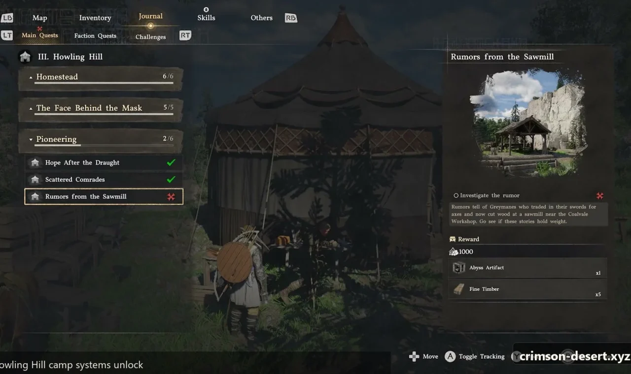 Crimson Desert in-game screenshot illustrating Camp Systems (Step 2)