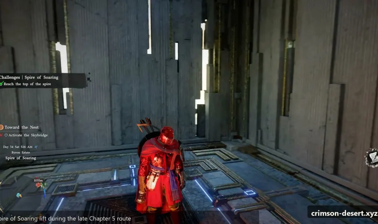 Crimson Desert in-game screenshot illustrating Spire Lift (Step 5)